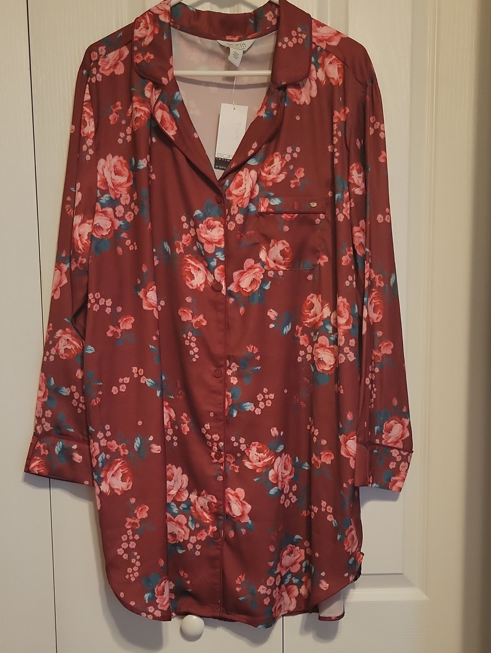 Floral Satin Button-Up Sleep Shirt in Rust and Coral